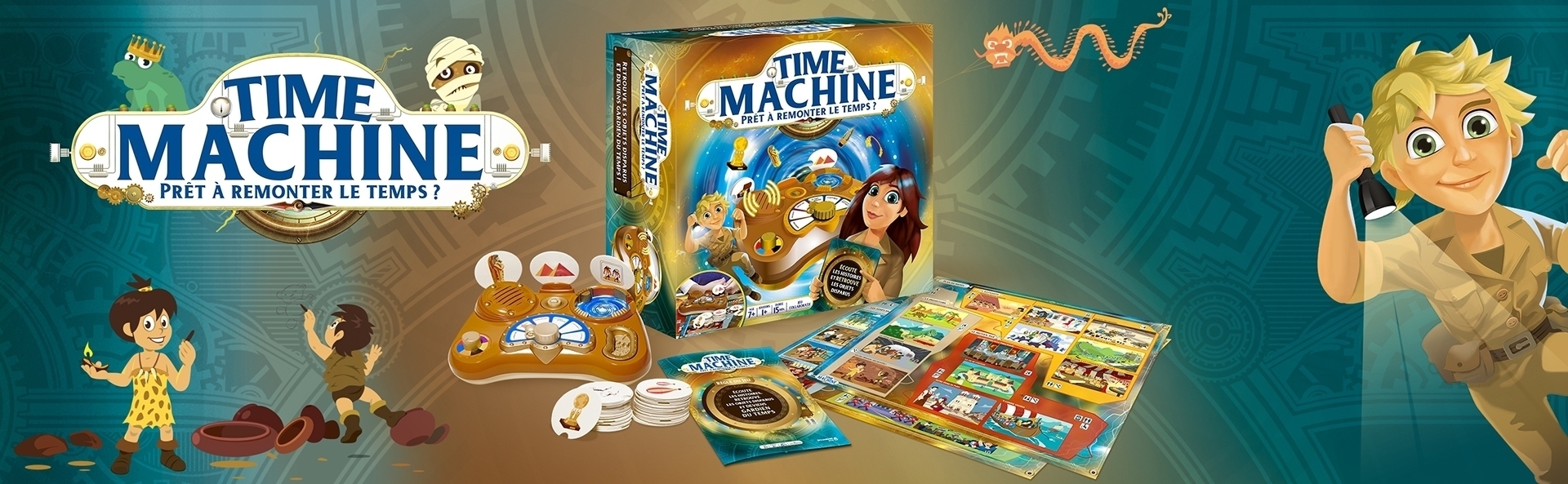 Time Machine, jeu de société de la marque Dujardin. Création graphique design pack et illustrations agence Les Aliens - campagne digitale, bannière Amazon
