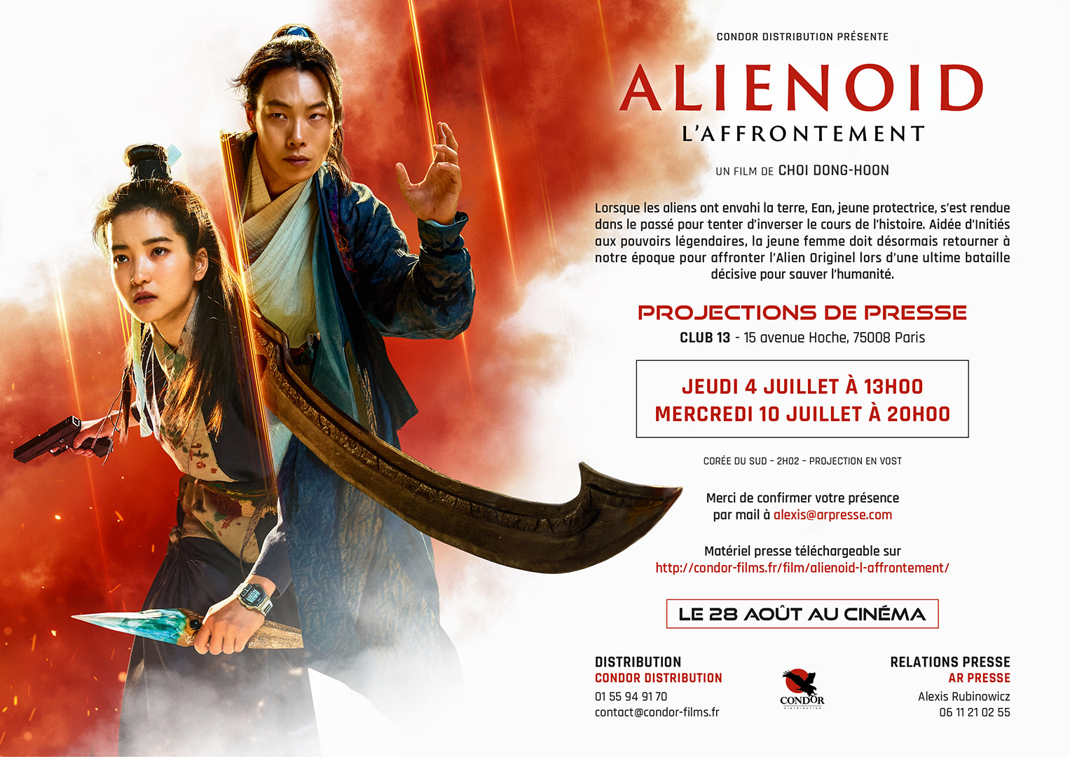 Invitation projection presse pour le film Alienoid 2 - l'Affrontement. Film de science-fiction coréen réalisé par Choi Dong-Hoon. Affiche créée pour la France par L'agence Les Aliens. L'agence a également décliné tous les visuels print et web de la campagne de communication. Distribution pour la France : Condor en août 2024.