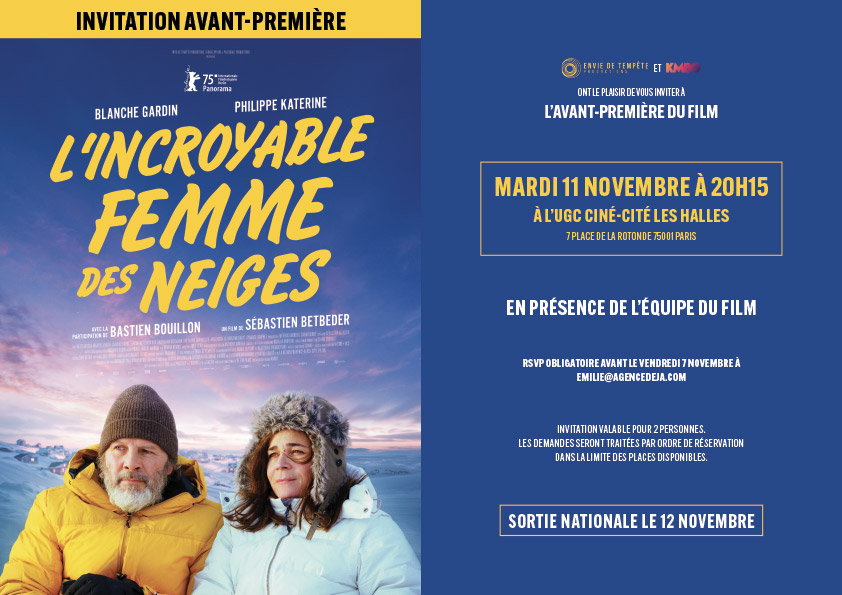 Carton d'invitation pour la projection du film L'Incroyable Femme des Neiges, distribué par KMBO en novembre 2025. Création carton : Agence LES ALIENS.