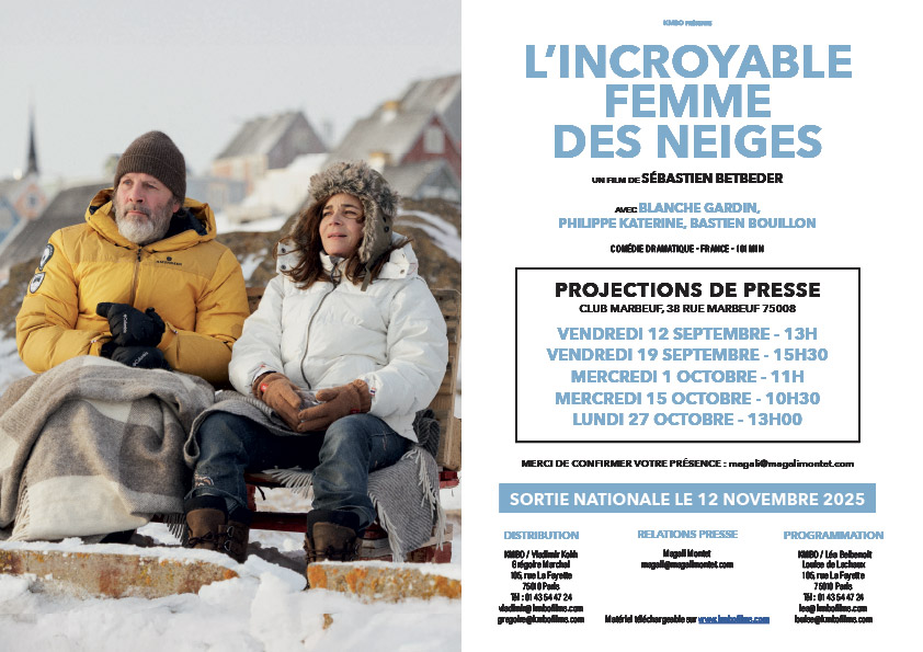 Carton d'invitation pour la projection presse du film "L'Incroyable Femme des Neiges", distribué par KMBO en novembre 2025. Création carton : Agence LES ALIENS.