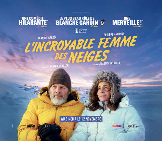 Déclinaison print de l'affiche du film "L'Incroyable Femme des Neiges", distribué par KMBO en novembre 2025. Format : préventique MK2 1, 75 x 1,50m. Création : Agence LES ALIENS.