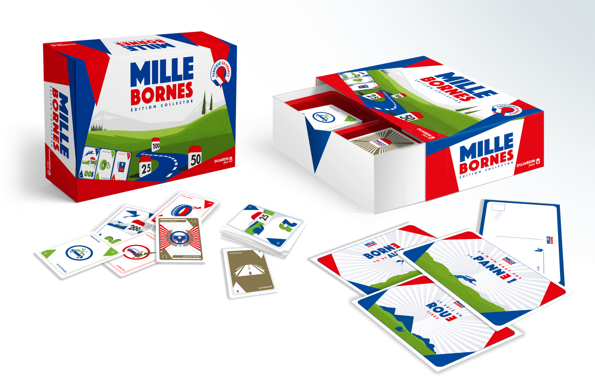 1000 Bornes édition vintage 65 ans, un jeu de société Dujardin. Création graphique design pack et illustrations par le studio Les Aliens - présentation scénographie