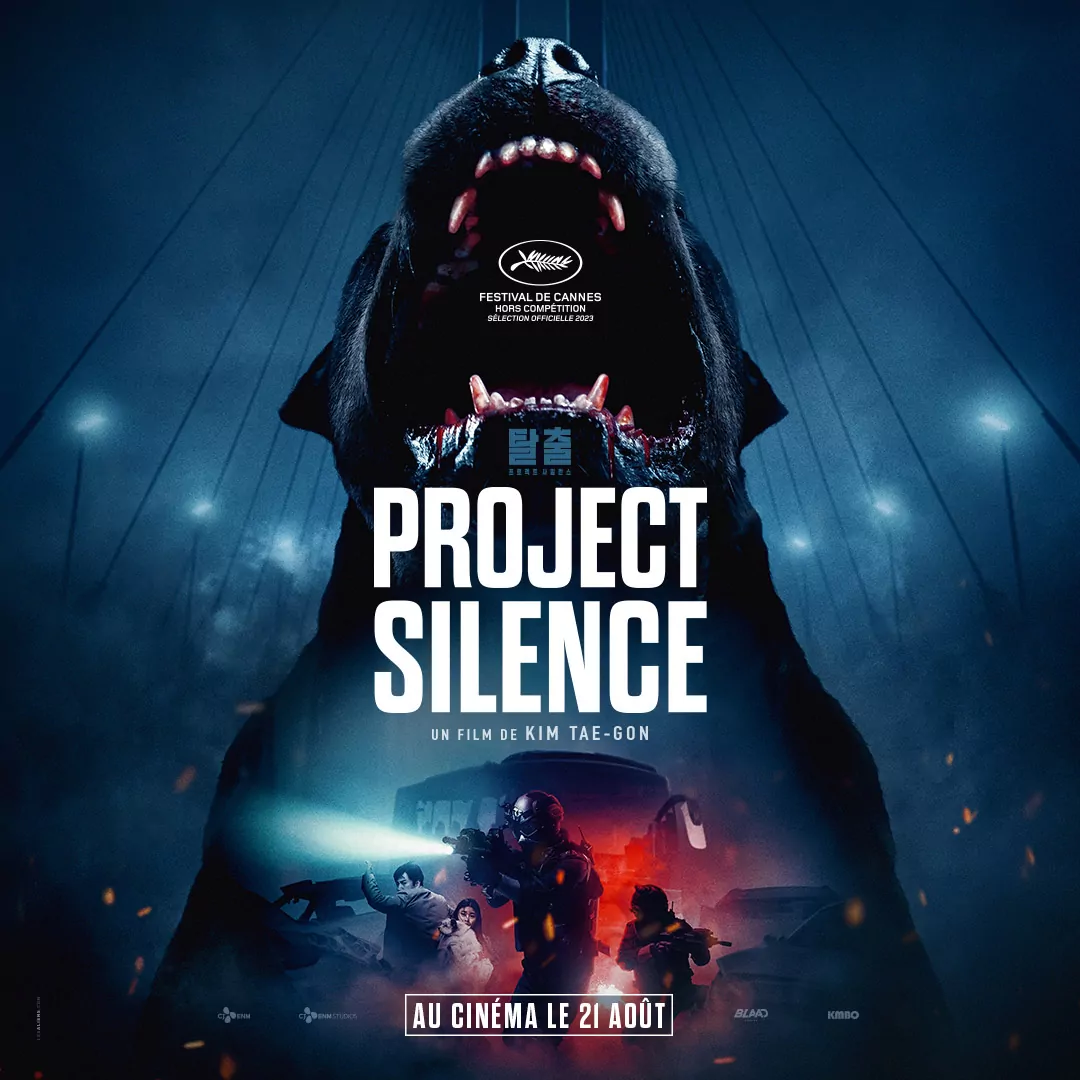Création de l'affiche cinéma du film Project Silence par l'agence LES ALIENS. Un thriller sud-coréen de KIM Tae Gon. Distribution KMBO en août 2024. Déclinaison pour Instagram avec date.
