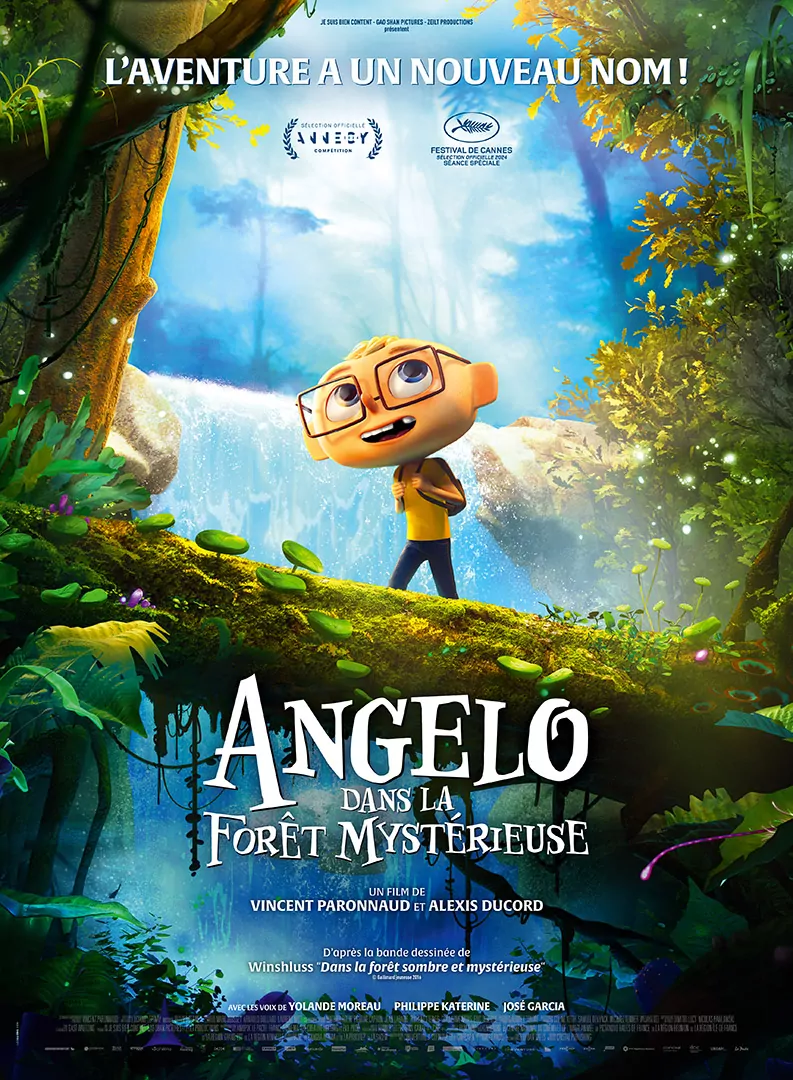 Affiche cinéma officielle du film d'animation "Angelo dans la forêt mystérieuse". Une affiche créé par l'agence Les Aliens. Un film adapté de la bande dessinée DANS LA FORÊT SOMBRE ET MYSTÉRIEUSE de Winshluss. Distribution du film en France par Le Pacte en octobre 2024.