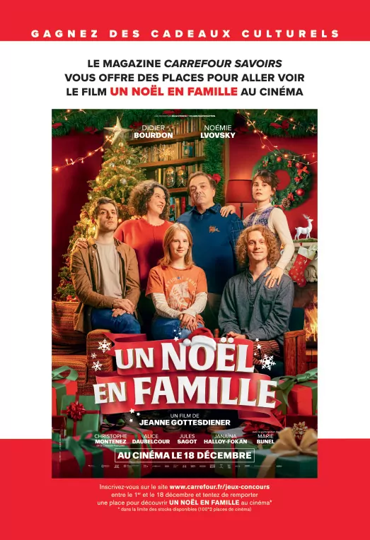 Insertion presse dans le magazine Carrefour Savoirs pour la sortie du film Un Noël en famille. Une affiche originale - ainsi que toutes les déclinaisons print & web - créée par l'agence LES ALIENS. Un film de Jeanne Gottesdiener, avec Didier Bourdon, Noémie Lvovsky, Christophe Montenez. Au cinéma en décembre 2024. Distribution : KMBO.