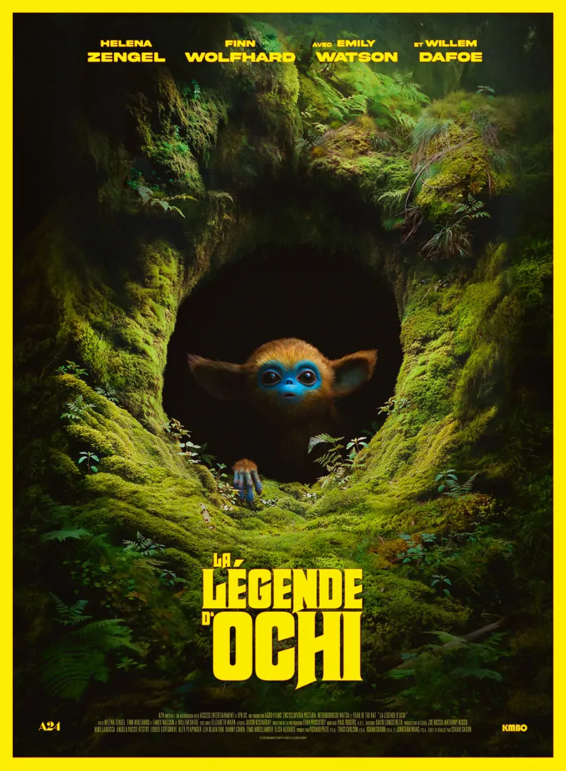 Affiche officielle française du film "La légende d'Ochi". L'agence Les Aliens a créée l'affiche officielle, ainsi que la campagne print et web pour la sortie du film en avril 2025. Un film fantastique pour la famille américain de Isaiah Saxon avec Willem Dafoe. Le film a été distribué en avril 2025 par KMBO.