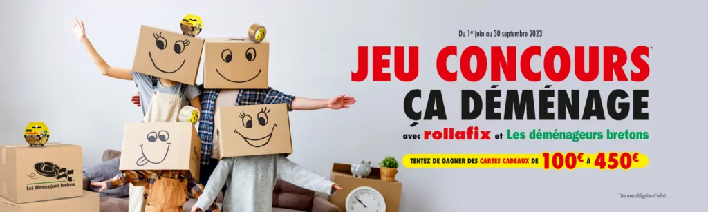 bannière de promotion pour la collaboration entre Uhu et les Déménageurs bretons pour le rouleau de bande adhésive Rollafix.
