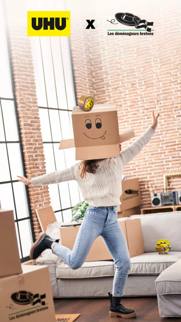 visuel de promotion collaboration UHU x Déménageurs Bretons - Activation produit bande adhésive Rollafix