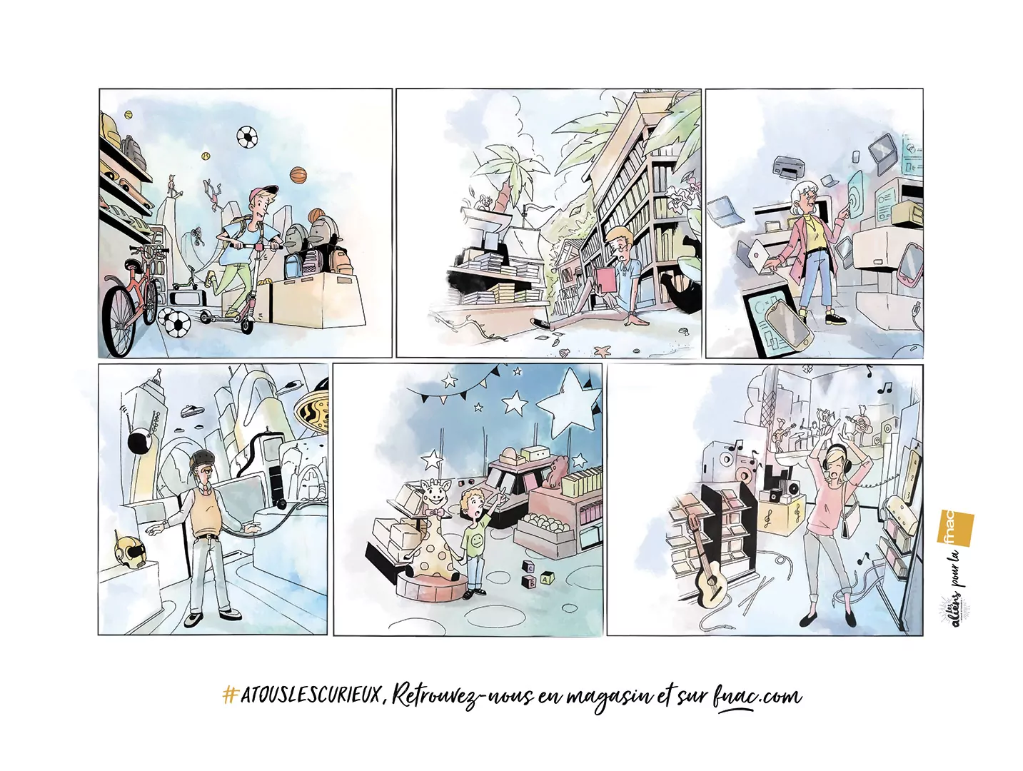 Création par le studio Les Aliens d'illustrations pour La FNAC. Réalisation d'un leaflet illustrant les activités de La Fnac.