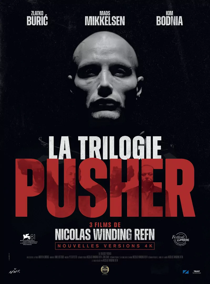 Affiche officielle pour la ressortie en France de la trilogie PUSHER. L'Agence LES ALIENS a créé cette nouvelle affiche pour son distributeur, The Jokers Films. Trois films de Nicolas Winding Refn, avec Mads Mikkelsen. Distribution en juillet 2025.
