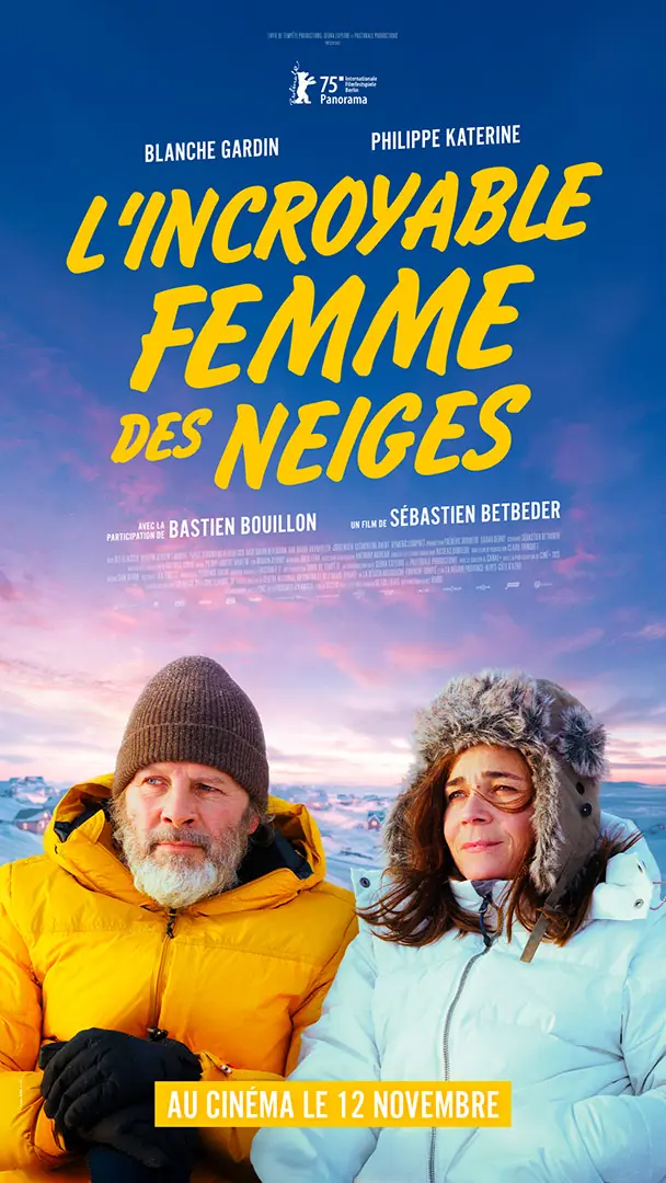 Déclinaison pour le digital de l'affiche du film "L'Incroyable Femme des Neiges", distribué par KMBO en novembre 2025. Format : écran de hall 1080x1920px. Création : Agence LES ALIENS.