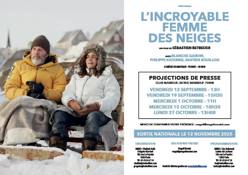 Carton d'invitation pour la projection presse du film "L'Incroyable Femme des Neiges", distribué par KMBO en novembre 2025. Création carton : Agence LES ALIENS.