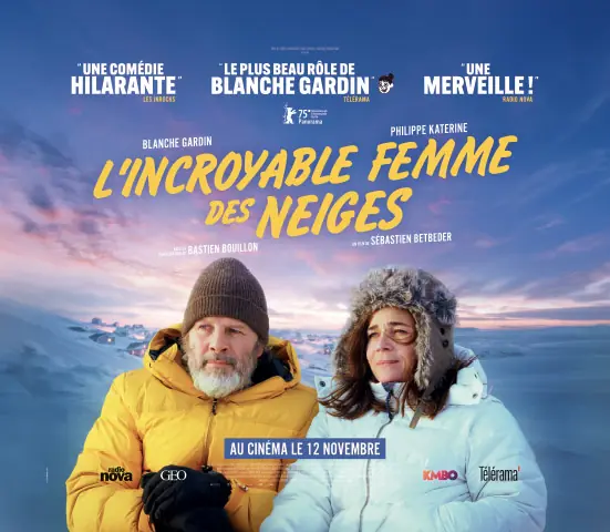 Déclinaison print de l'affiche du film "L'Incroyable Femme des Neiges", distribué par KMBO en novembre 2025. Format : préventique MK2 1, 75 x 1,50m. Création : Agence LES ALIENS.