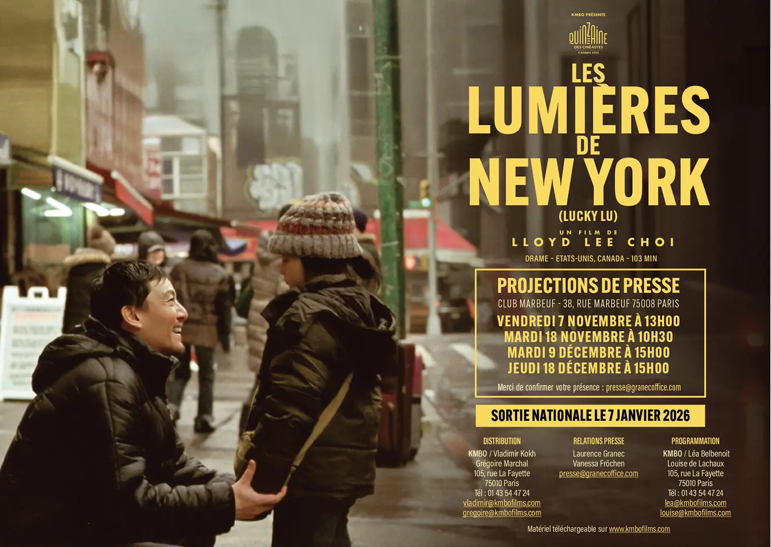 Invitation projection presse du film LES LUMIÈRES DE NEW YORK. Un film de Lloyd Lee Choi distribué en France par KMBO en janvier 2026. Titre original : Lucky Lu. Création : AGENCE LES ALIENS.
