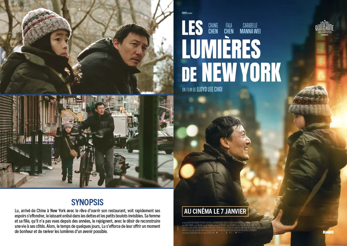 Dépliant A4 pour le film LES LUMIÈRES DE NEW YORK. Pages 4 et 1. Un film de Lloyd Lee Choi distribué en France par KMBO en janvier 2026. Titre original : Lucky Lu. Création : AGENCE LES ALIENS.