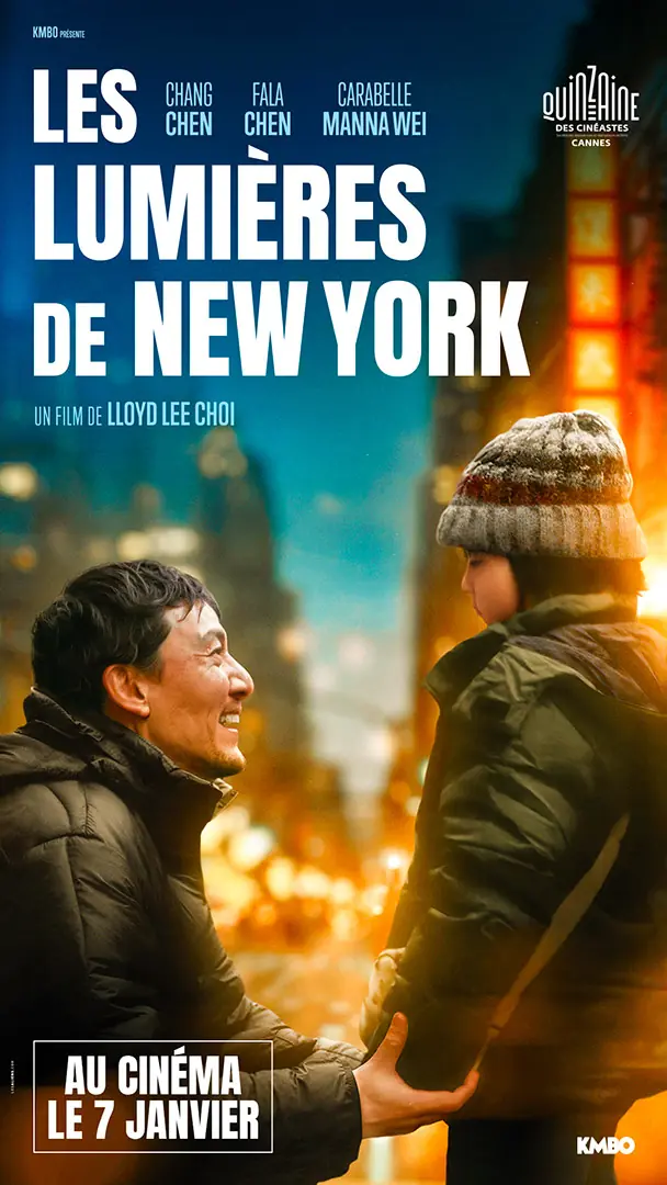 Déclinaison web de l'affiche officielle française du film LES LUMIÈRES DE NEW YORK : format 1080 x 1920px, écran de hall portrait. Un film de Lloyd Lee Choi distribué en France par KMBO en janvier 2026. Titre original : Lucky Lu. Création : AGENCE LES ALIENS.