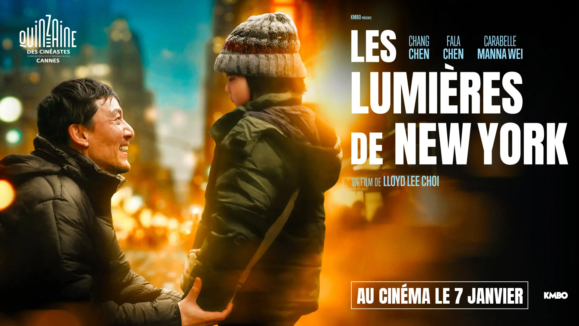 Déclinaison web de l'affiche officielle française du film LES LUMIÈRES DE NEW YORK : format 1920 x 1080px, écran de hall paysage. Un film de Lloyd Lee Choi distribué en France par KMBO en janvier 2026. Titre original : Lucky Lu. Création : AGENCE LES ALIENS.