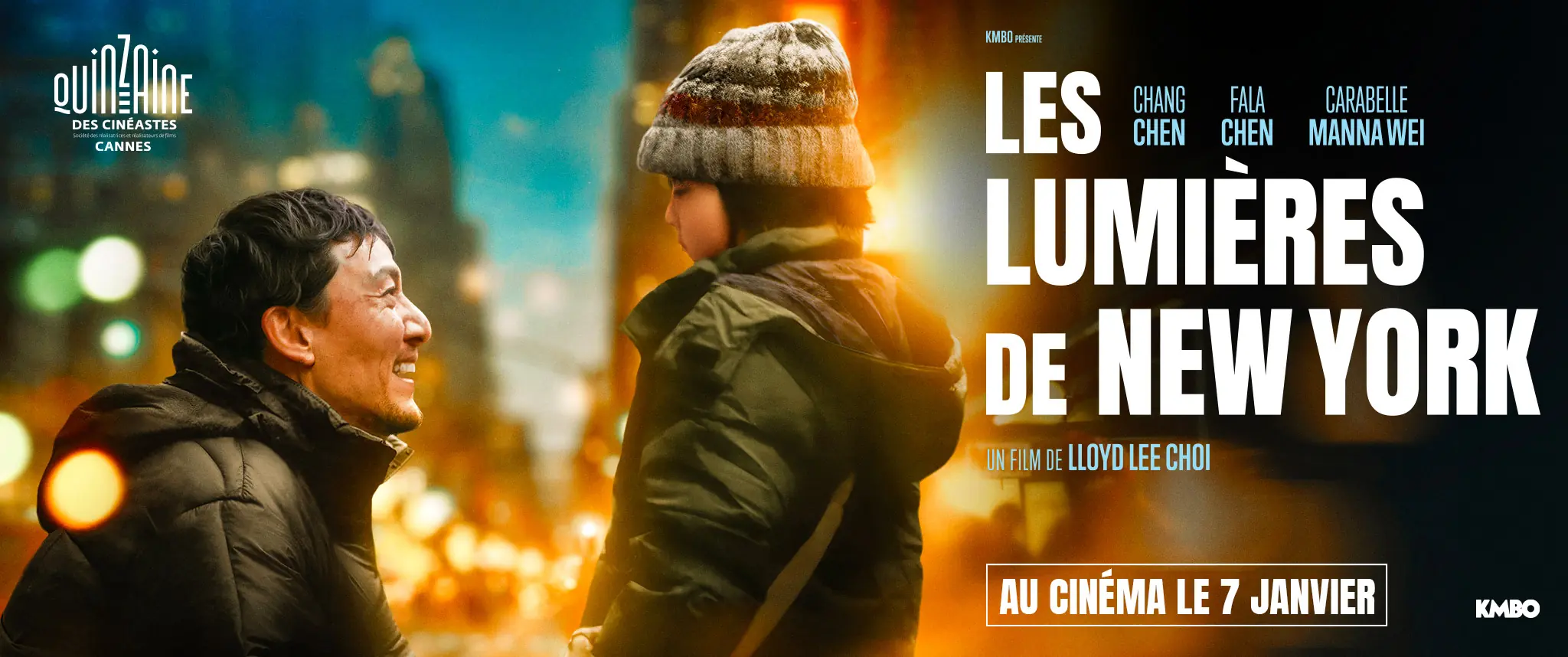 Déclinaison web de l'affiche officielle française du film LES LUMIÈRES DE NEW YORK : format 2048 x 858px, carton fixe DCP SCOPE. Un film de Lloyd Lee Choi distribué en France par KMBO en janvier 2026. Titre original : Lucky Lu. Création : AGENCE LES ALIENS.