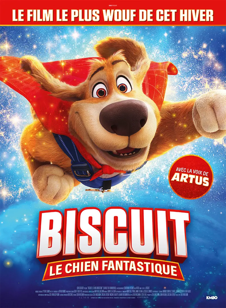 Affiche cinéma officielle française du film d'animation "Biscuit Le Chien Fantastique". Une création de l'Agences LES ALIENS pour le distributeur KMBO. Version française avec la voix d'Artus. Film en salle à partir de février 2026. Format : homepage site lesaliens.com.