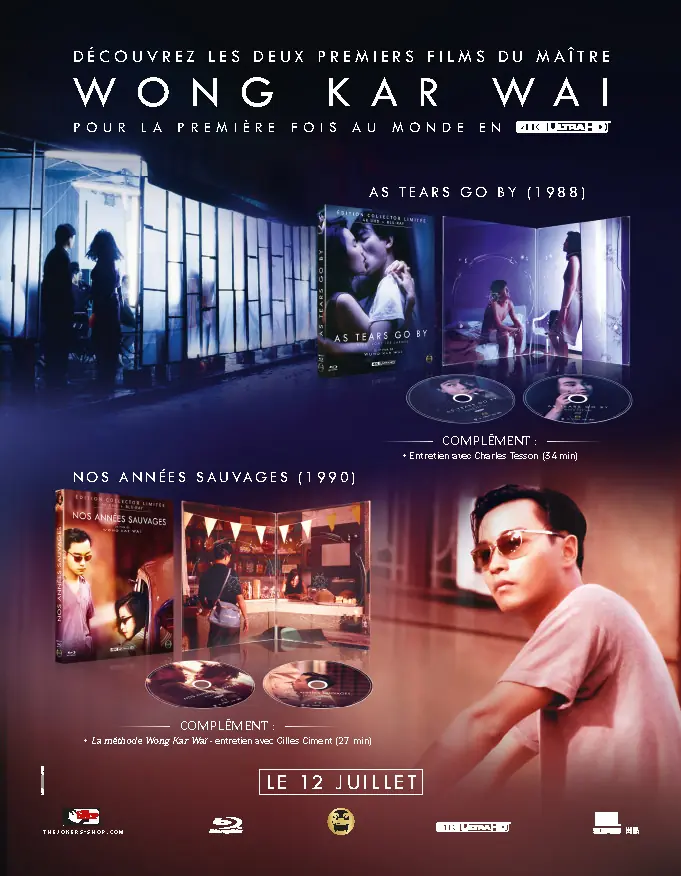Encart presse pour la promotion des sorties vidéo des films du réalisateur Wong Kar Wai : As tears go by (sorti en salle en 1998) et Nos années sauvages (1990). Key arts des affiches cinéma et design pack créés par l'Agence LES ALIENS. L'agence a également créé cet encart presse. Distributeur : The Jokers Films.