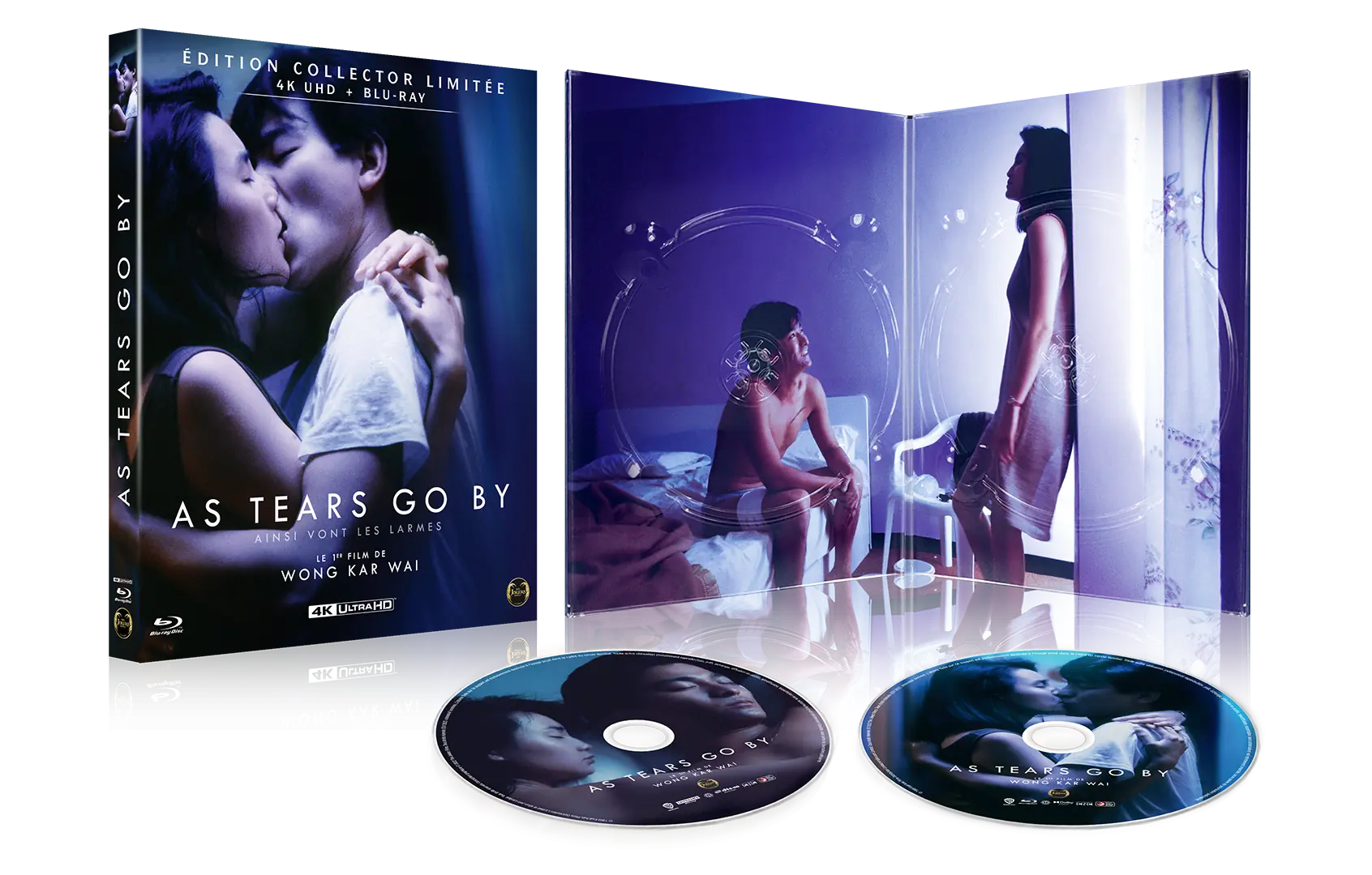 Simulation 3D coffret ouvert : Coffret édition vidéo pour le film As Tear Go By. Design pack : Agence LES ALIENS pour l'éditeur The Jokers Films. Un film du réalisateur Hong Kongais Wong Kar Wai.