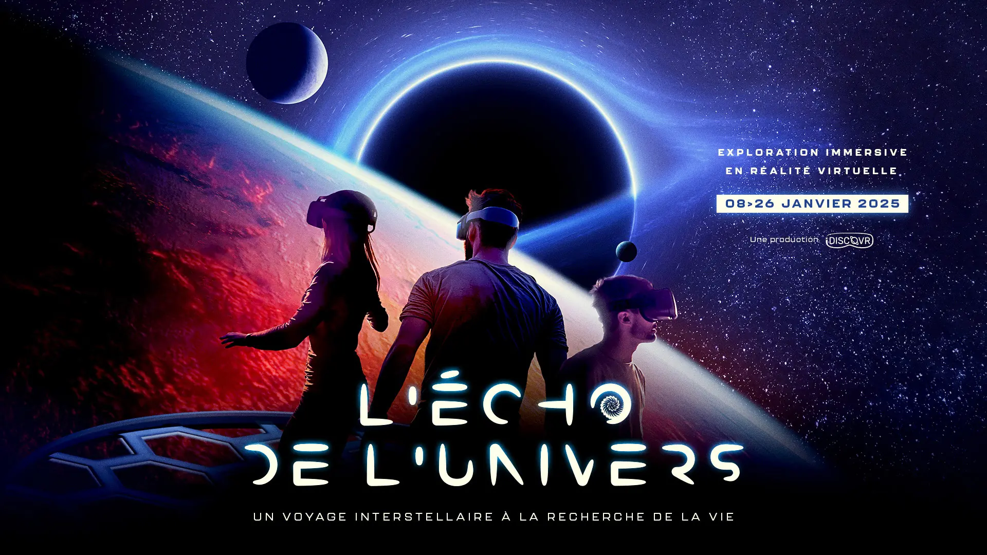 L'Écho de l'Univers : création du key art de promotion de l'expérience immersive en réalité virtuelle proposée par iDISCOVER. Une création de L'Agence LES ALIENS qui a imaginé le key art et le logo de l'expérience. Ici déclinaison bannière web 1920x1080.