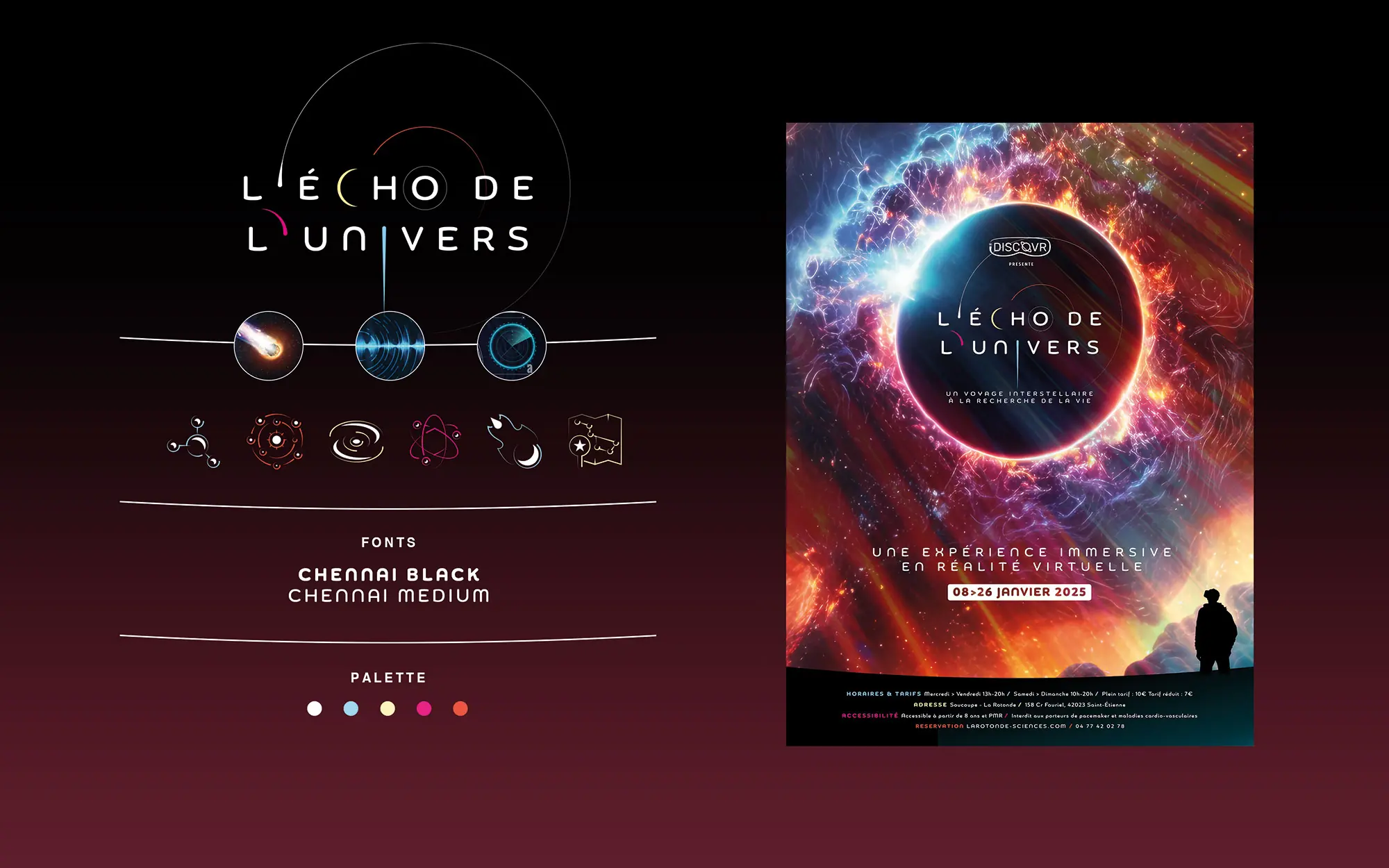 L'Écho de l'Univers : création du key art de promotion de l'expérience immersive en réalité virtuelle proposée par iDISCOVER. Une création de L'Agence LES ALIENS qui a imaginé le key art et le logo de l'expérience. Ici piste créative n°2 avec key art et charte graphique.