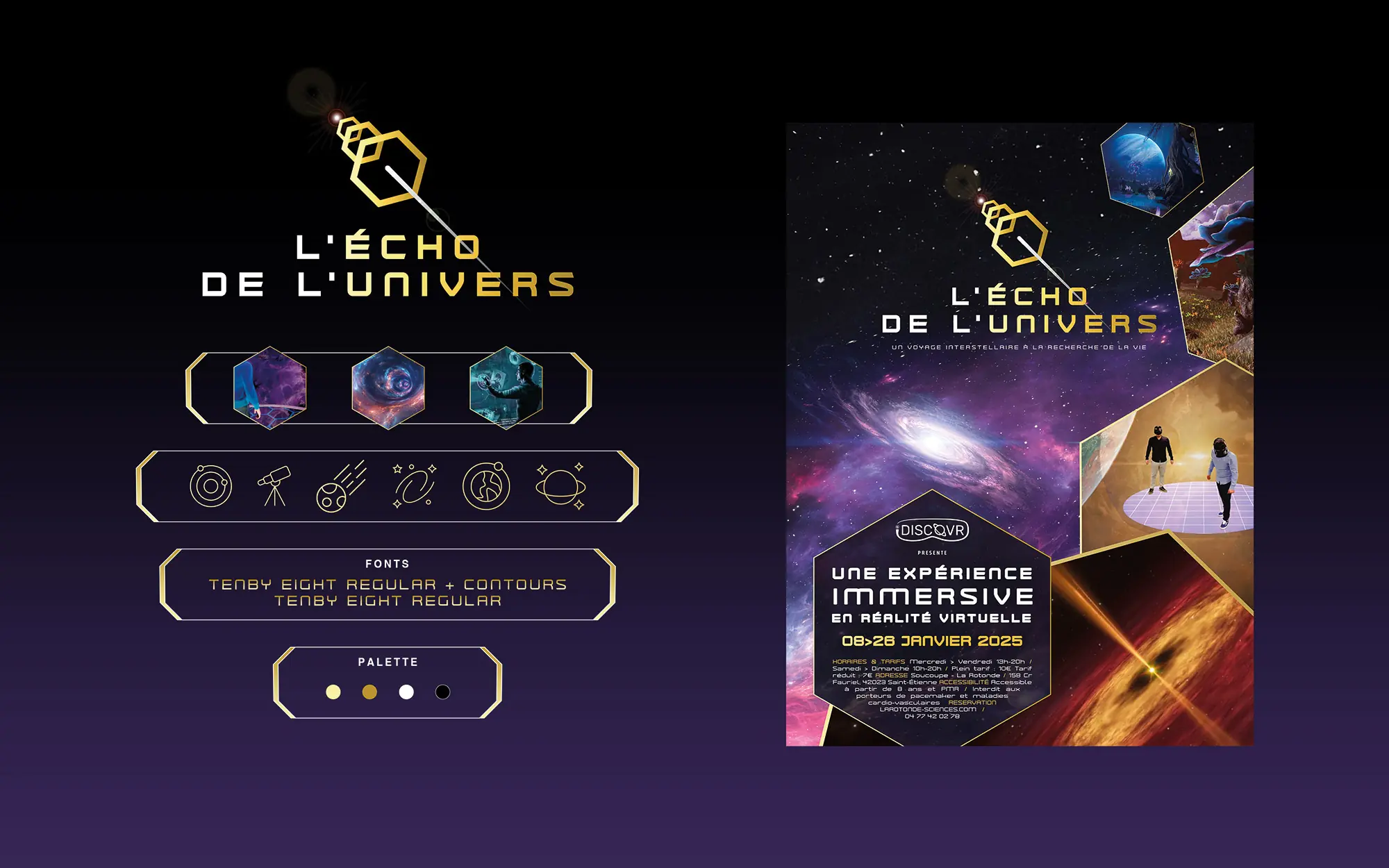 L'Écho de l'Univers : création du key art de promotion de l'expérience immersive en réalité virtuelle proposée par iDISCOVER. Une création de L'Agence LES ALIENS qui a imaginé le key art et le logo de l'expérience. Ici piste créative n°4 avec key art et charte graphique.