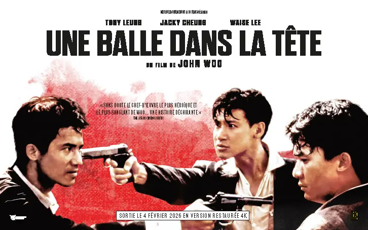 Argumentaire de 4 pages (page 1) pour la ressortie en salle du film de John Woo "Une Balle dans la Tête". Une affiche créée par l