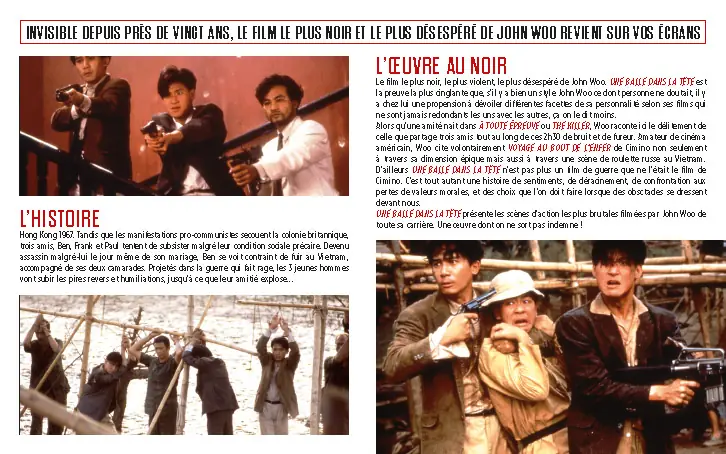 Argumentaire de 4 pages (page 2) pour la ressortie en salle du film de John Woo "Une Balle dans la Tête". Une affiche créée par l
