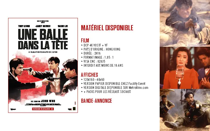 Argumentaire de 4 pages (page 4) pour la ressortie en salle du film de John Woo "Une Balle dans la Tête". Une affiche créée par l