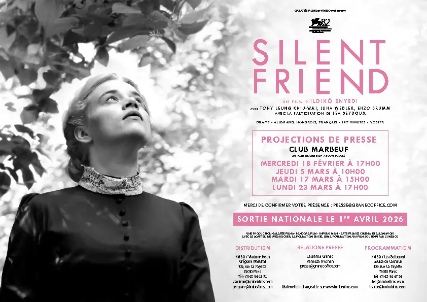 Silent Friend : carton d'invitation pour la projection presse du film Silent Friend de la réalisatrice Ildiko Enyedi. Affiche créée par l'Agence LES ALIENS qui a aussi décliné tous les formats print et web. Un film avec Tony Leung Chiu-Wai, Léa Seydoux, Luna Wedler. Distribution KMBO, à partir du 1er avril 2026. Format carton d'invitation projection presse.