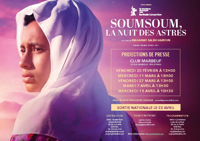Invitation aux projections presse du film "Soumsoum, la nuit des astres". Le key art décliné a été créé par l'Agence LES ALIENS. Un film de Mahamat-Saleh Haroun avec Maïmouna Miawama, Ériq Ebouaney, et Achouackh Abakar Souleymane. Distribution KMBO en avril 2026. Format : carton d'invitation projection presse.