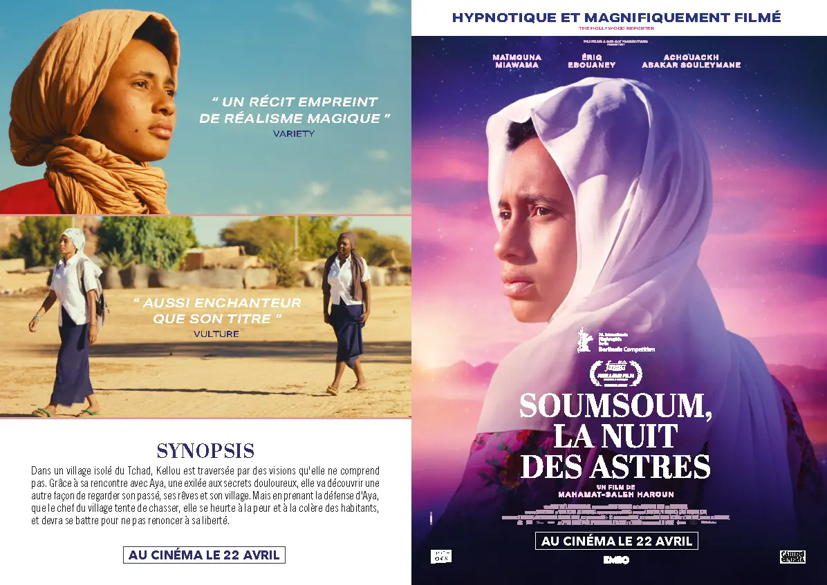 Dépliant format A4 de 4 pages pour le film "Soumsoum, la nuit des astres". Le key art décliné a été créé par l'Agence LES ALIENS. Un film de Mahamat-Saleh Haroun avec Maïmouna Miawama, Ériq Ebouaney, et Achouackh Abakar Souleymane. Distribution KMBO en avril 2026. Format : dépliant A4, pages 1 et 4.