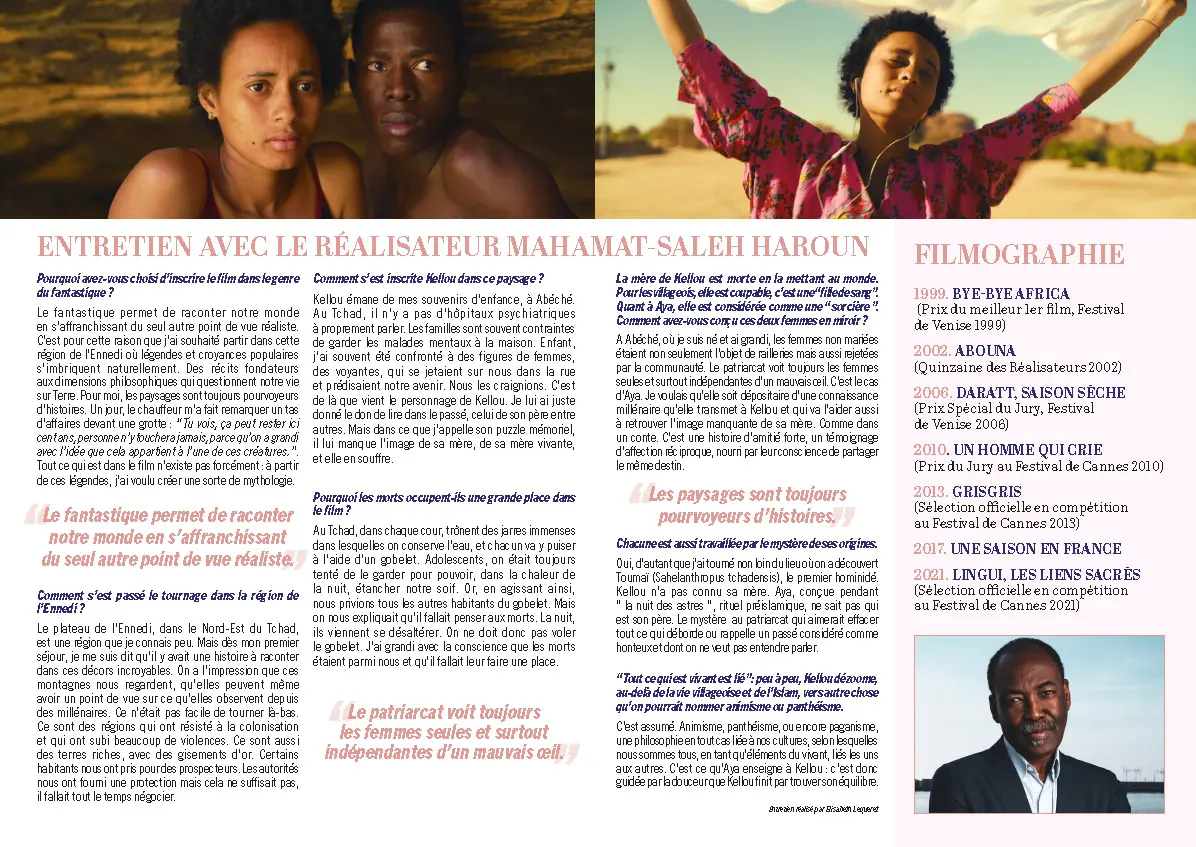 Dépliant format A4 de 4 pages pour le film "Soumsoum, la nuit des astres". Le key art décliné a été créé par l'Agence LES ALIENS. Un film de Mahamat-Saleh Haroun avec Maïmouna Miawama, Ériq Ebouaney, et Achouackh Abakar Souleymane. Distribution KMBO en avril 2026. Format : dépliant A4, pages 2 et 3.