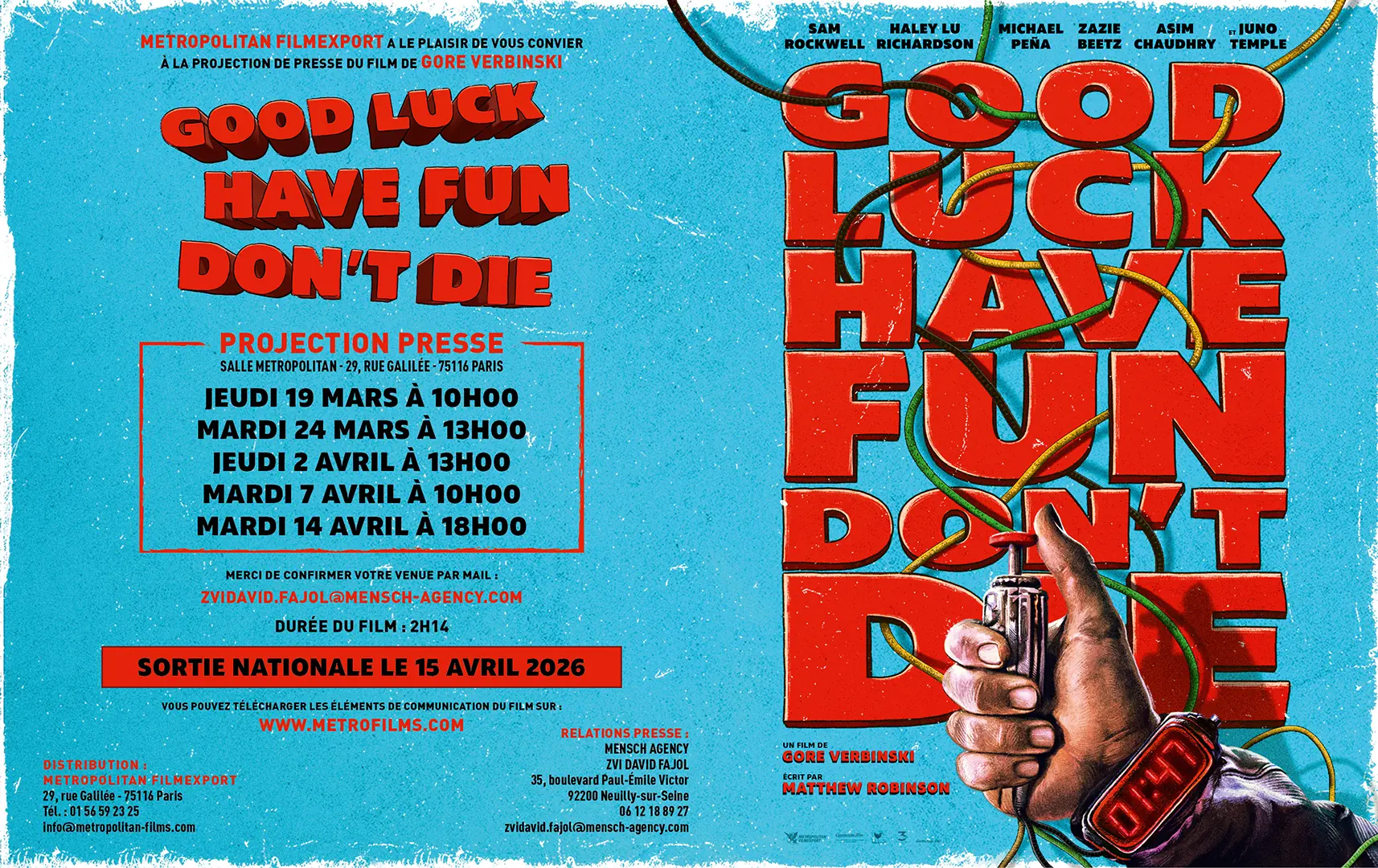 Carton d'invitation presse pour la projection du film "Good Luck, Have Fun, Don't Die" : une adaptation à partir des affiches originales réalisée par l'Agence LES ALIENS. Un film de Gore Verbinski. Distribution en France : Metropolitan Filmexport - avril 2026. Format : carton d'invitation projection presse.