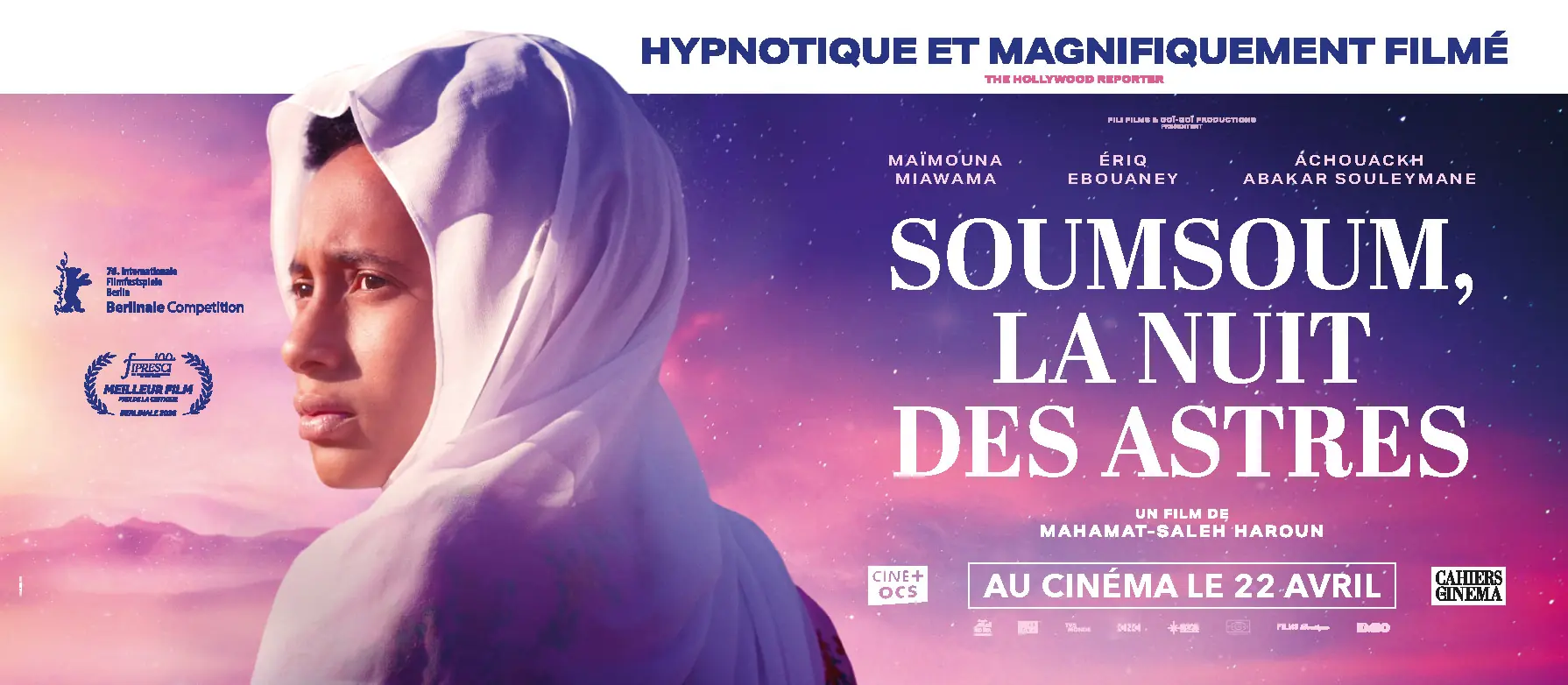 Déclinaisons de l'affiche cinéma officielle du film "Soumsoum la nuit des astres" créée par l'Agence LES ALIENS. Un film de Mahamat-Saleh Haroun avec Maïmouna Miawama, Ériq Ebouaney, et Achouackh Abakar Souleymane. Distribué en France par KMBO en avril 2026. Format : préventif 314x136.