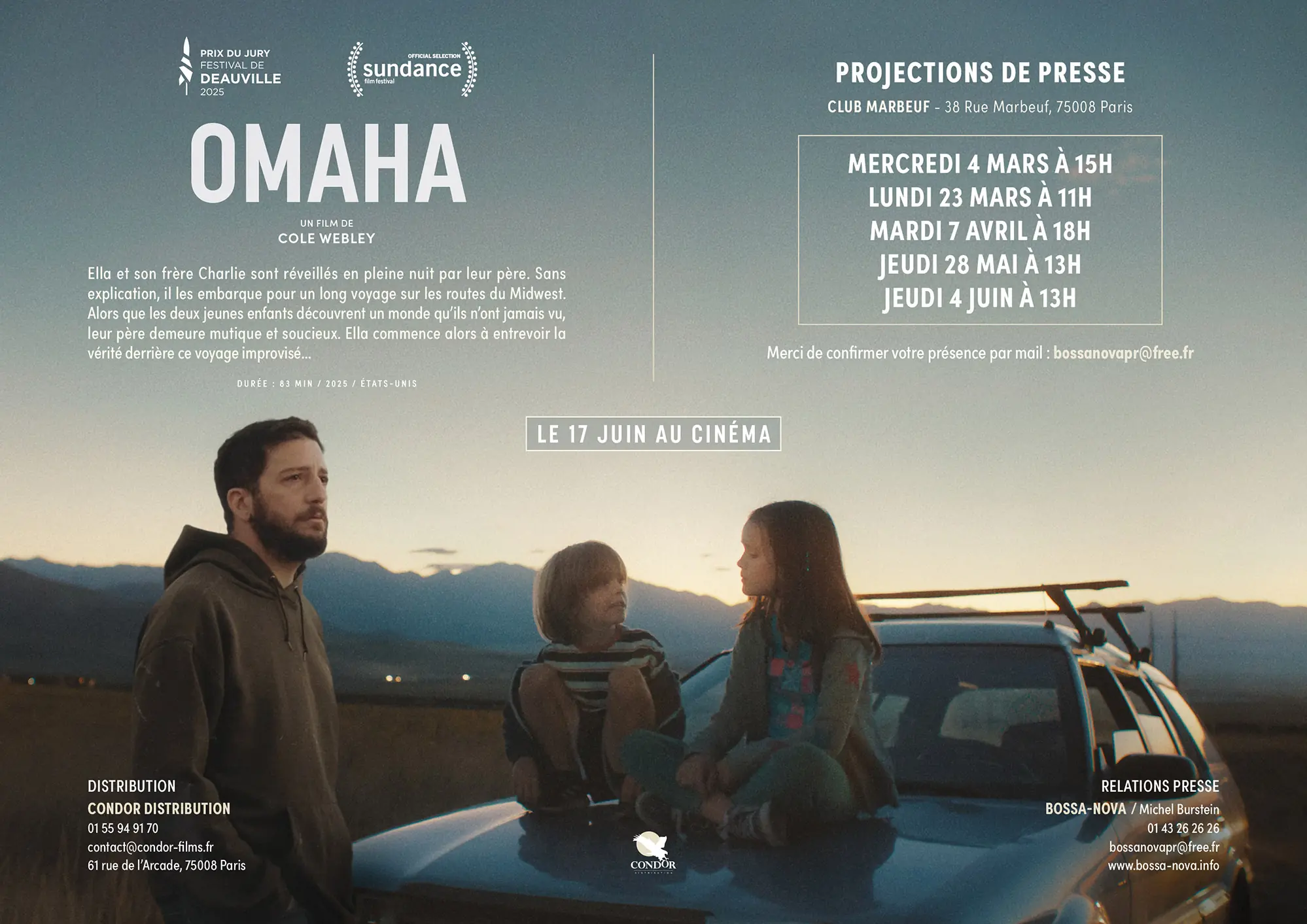 Carton d'invitation pour la projection presse du film Sur la route d'Omaha. Un visuel créé par l'agence LES ALIENS pour son distributeur français, Condor Films. Un drame de Cole Webley, avec John Magaro, Molly Belle Wright, Wyatt Solis. Sortie en salle le 22 juillet 2026.