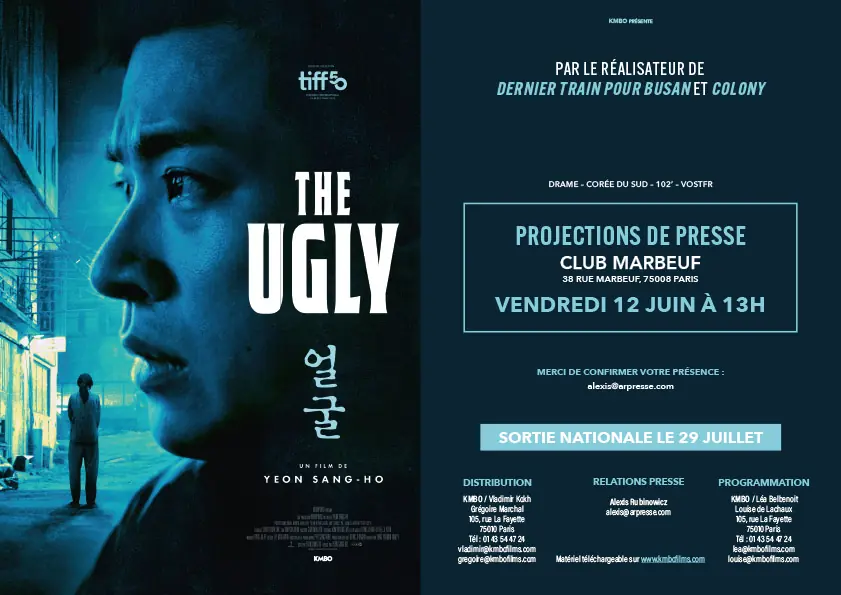 Invitation à la projection presse pour la sortie en France du film coréen THE UGLY. Une affiche créée par l'Agence LES ALIENS pour le distributeur français du film, KMBO. Le film sort en salle en février 2026. Un film du réalisateur Sang-Ho Yeon.
