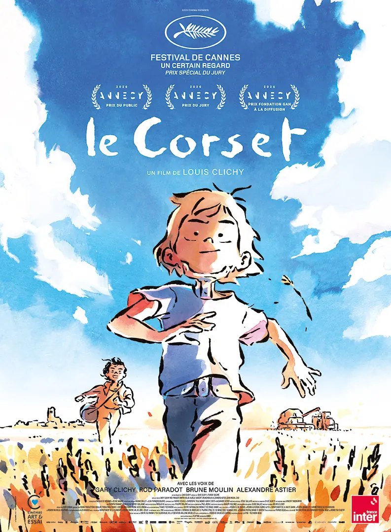 Affiche française du film d'animation "Le Corset". Un film de Louis Clichy, qui signe également le scénario avec Franck Salomé. L'affiche a été créée par l'illustrateur puis adaptée et déclinée dans tous les fomats de la campagne du film par l'Agence LES ALIENS. Distribution : KMBO en octobre 2026. Un film récompensé en 2026 au festival de Cannes comme à celui d'Annecy. Format : affiche 120x160.