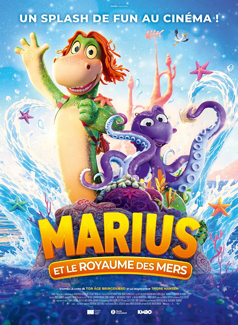 Affiche cinéma française officielle du film Marius et le royaume des mers : création agence LES ALIENS. Un film d'animation norvégien pour toute la famille. Distribution en France en août 2026 par KMBO. Format : affiche 120x160.