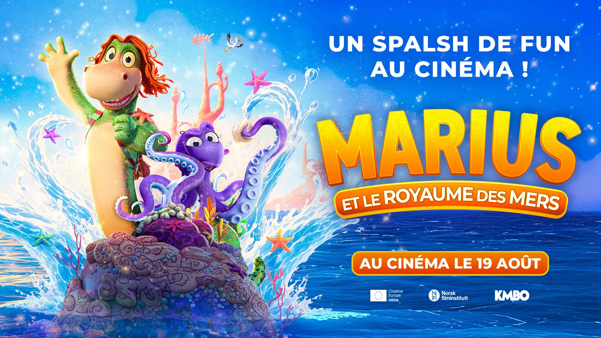 Déclinaison de l'affiche cinéma française officielle du film Marius et le royaume des mers : une affiche créée par l'agence LES ALIENS. Un film d'animation norvégien pour toute la famille. Distribution en France en août 2026 par KMBO. Format : déclinaison écran hall 1920x1080.