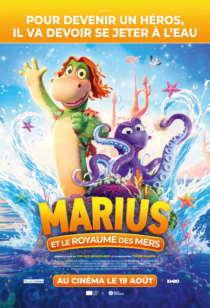 Déclinaison de l'affiche cinéma française officielle du film Marius et le royaume des mers : une affiche créée par l'agence LES ALIENS. Un film d'animation norvégien pour toute la famille. Distribution en France en août 2026 par KMBO. Format : mât de drapeau.