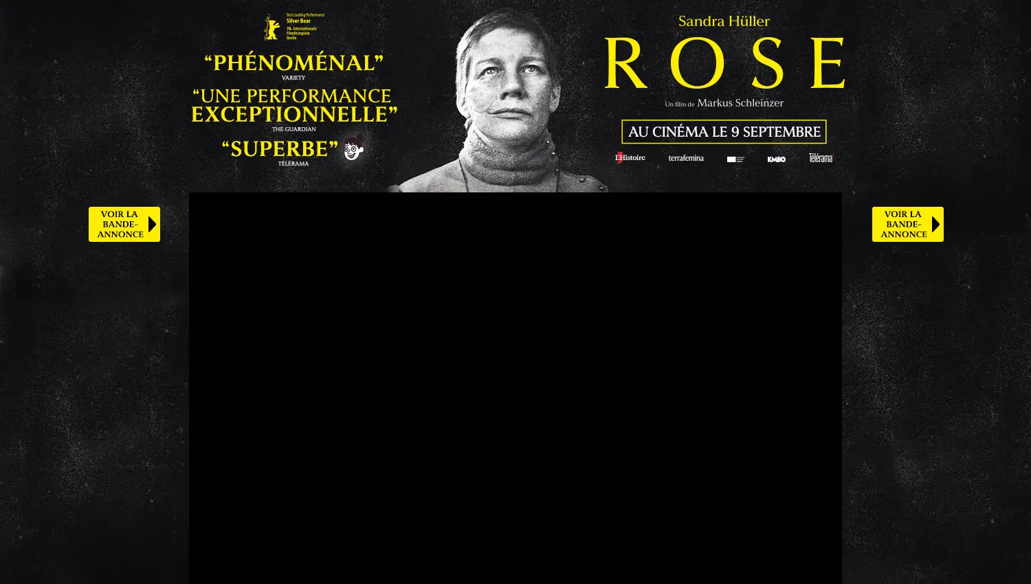 Déclinaison digitale de l'affiche officielle française du Film "Rose": pack site web Allociné. Une affiche adaptée par l'Agence Les Aliens. Un film de Markus Schleinzer, avec Sandra Hüller. Distribution en France par KMBO en septembre 2026. Format : Allociné, habillage site web.