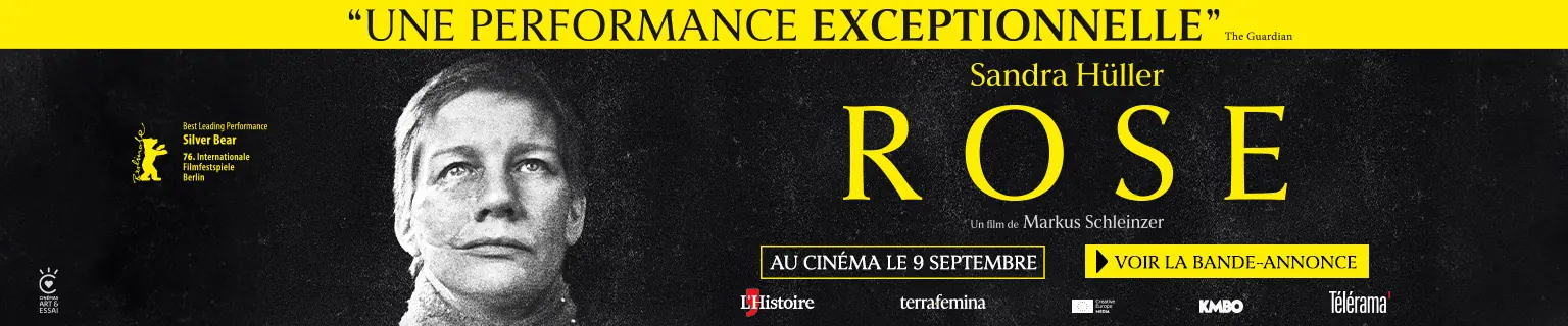 Déclinaison digitale de l'affiche officielle française du Film "Rose": pack site web Allociné. Une affiche adaptée par l'Agence Les Aliens. Un film de Markus Schleinzer, avec Sandra Hüller. Distribution en France par KMBO en septembre 2026. Format : Allociné, pavé tablet-skin 1535x320.