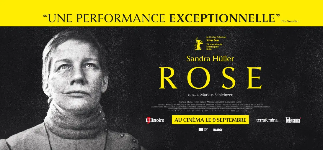 Déclinaison print de l'affiche officielle française du Film "Rose": prev exploitant. Une affiche adaptée par l'Agence Les Aliens. Un film de Markus Schleinzer, avec Sandra Hüller. Distribution en France par KMBO en septembre 2026. Format : prev MK2 Odéon.
