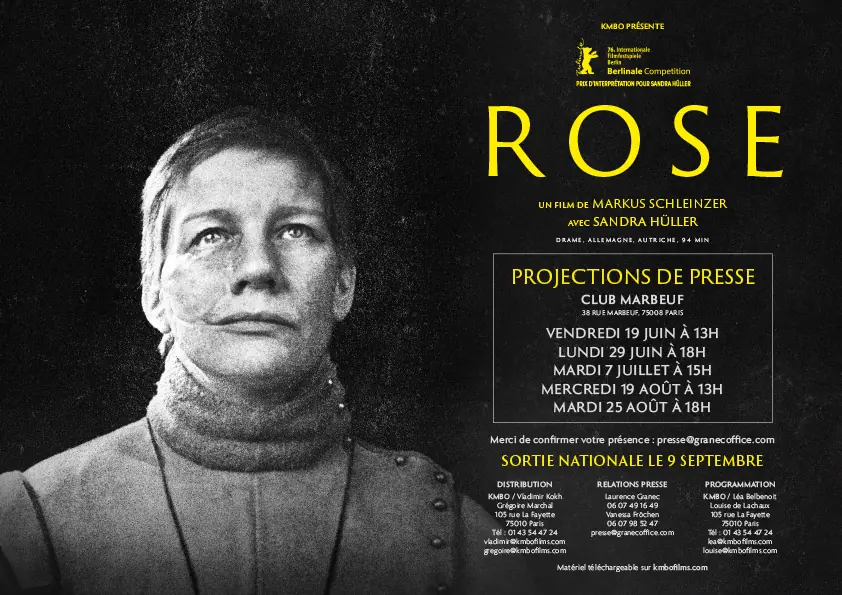 Carton d'invitation pour la projection presse du Film "Rose". L'affiche française du film a été adaptée par l'Agence Les Aliens. Un film de Markus Schleinzer, avec Sandra Hüller. Distribution en France par KMBO en septembre 2026. Format : carton projection presse.
